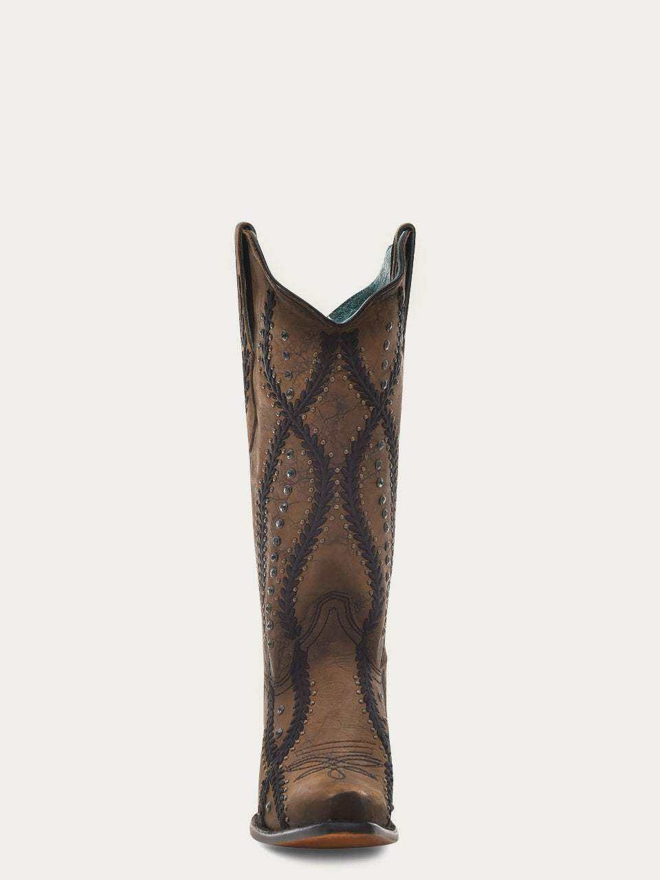 Women's Corral Brown Genuine Leather Boots with Black Embroidery, featuring a tall brown leather shaft and dark stitched detailing.