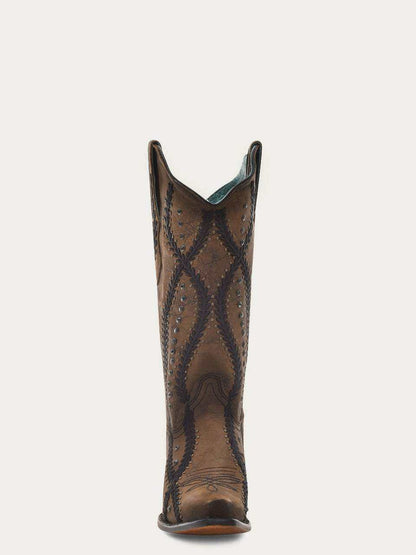 Women's Corral Brown Genuine Leather Boots with Black Embroidery, featuring a tall brown leather shaft and dark stitched detailing.