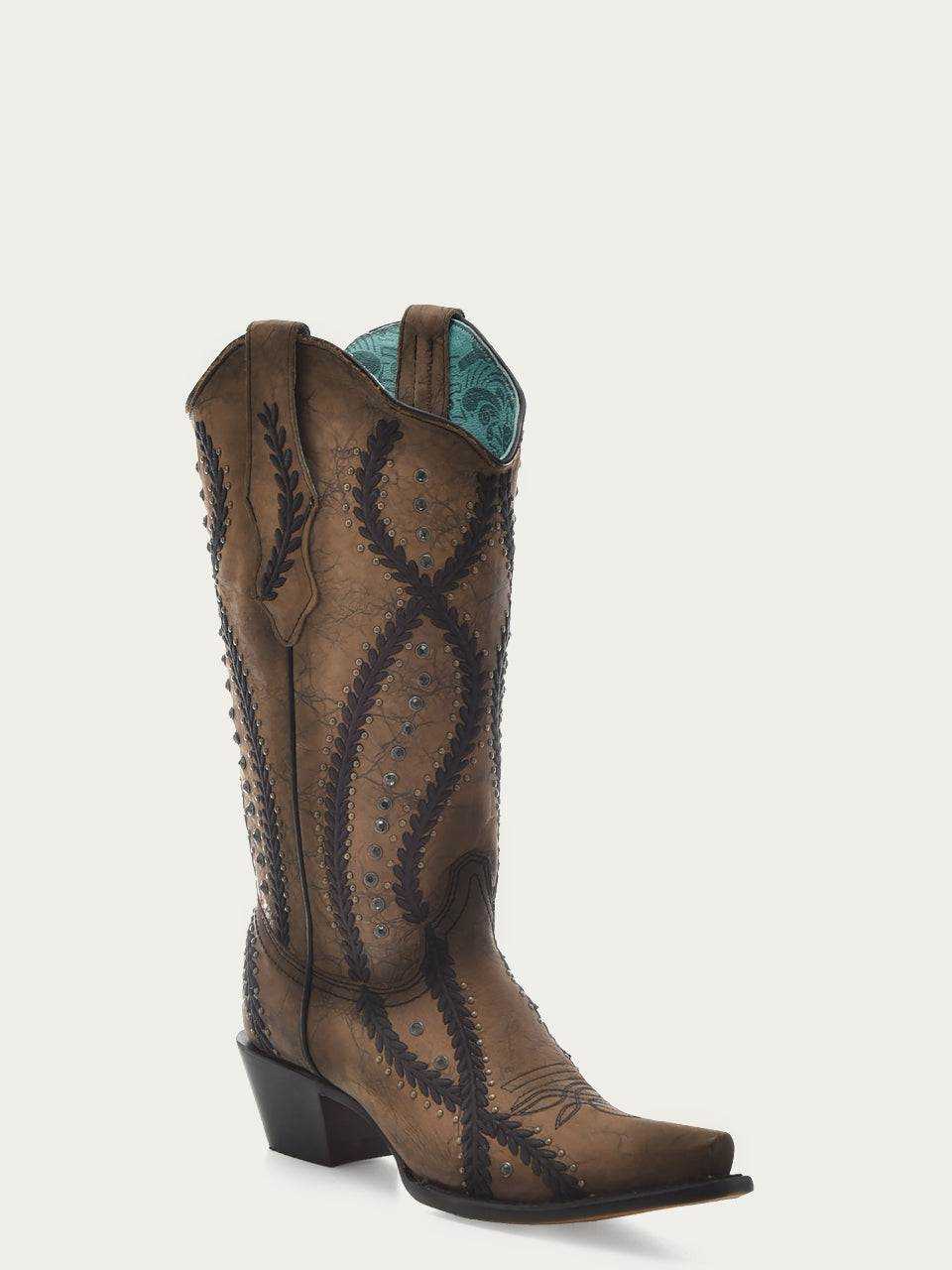 Women's Corral Brown Genuine Leather Boots with Black Embroidery, brown leather with dark stitching, turquoise lining and a snip toe