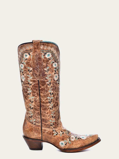 Women's Corral Cognac Genuine Leather Boots with Flowers in distressed brown leather, with pale floral embroidery and a snip toe