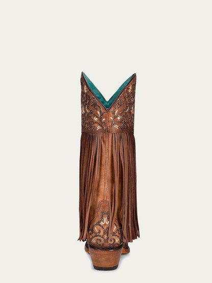 Women's Corral Honey Genuine Lamb Leather Boots with Fringe, brown leather with ornate stitching and long fringe