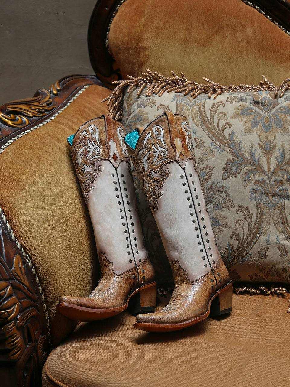 Women's Corral Honey Genuine Leather Boots with Bone Overlay, honey leather cowboy boots with pale shafts, embroidery and studs