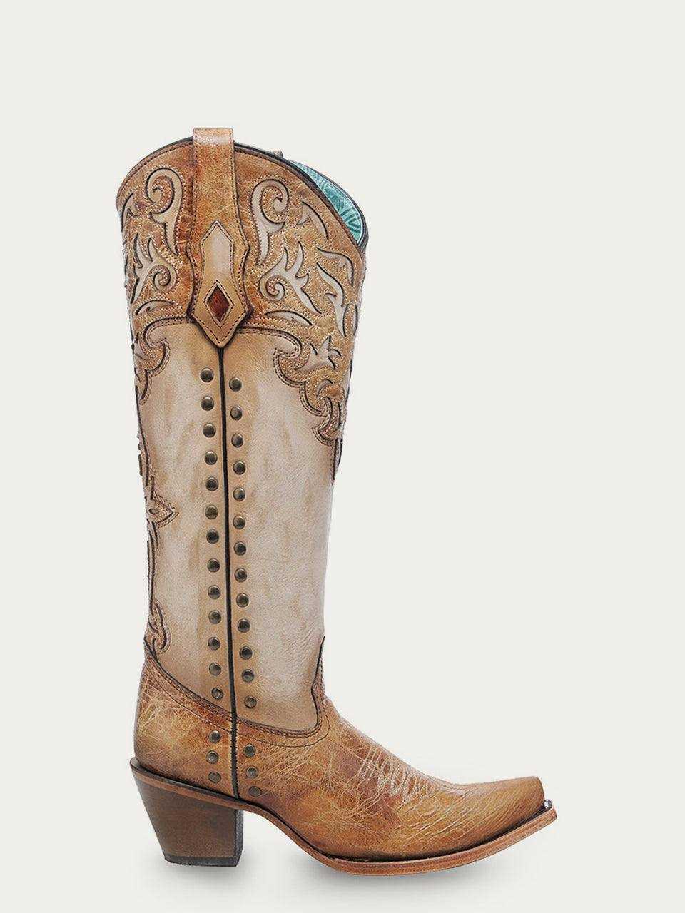 Women's Corral Honey Genuine Leather Boots with Bone Overlay, tall tan leather cowboy boot with ornate stitching and rows of studs