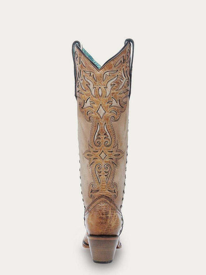 Women's Corral Honey Genuine Leather Boots with Bone Overlay, tan leather cowboy boot with ornate stitched scrollwork
