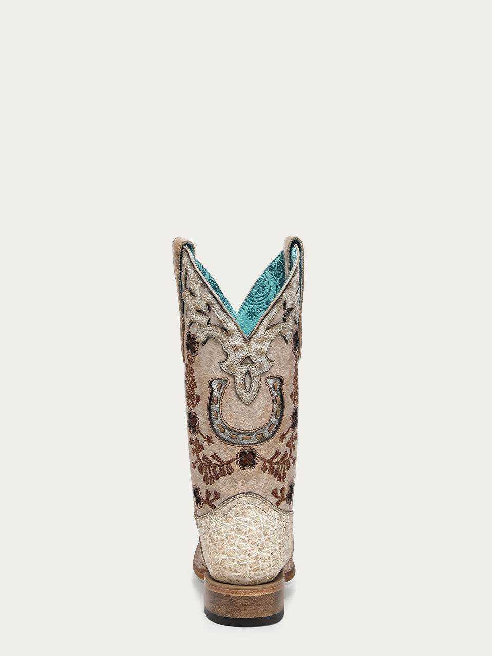 Women's Corral Ivory Genuine Full Quill Ostrich Boots with textured ivory quill leather, brown embroidery, horseshoe overlay, and turquoise shaft accents