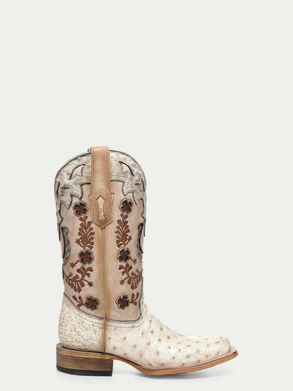 Women's Corral Ivory Genuine Full Quill Ostrich Boots in ivory leather with quill-textured foot, floral embroidery, and horseshoe stitching