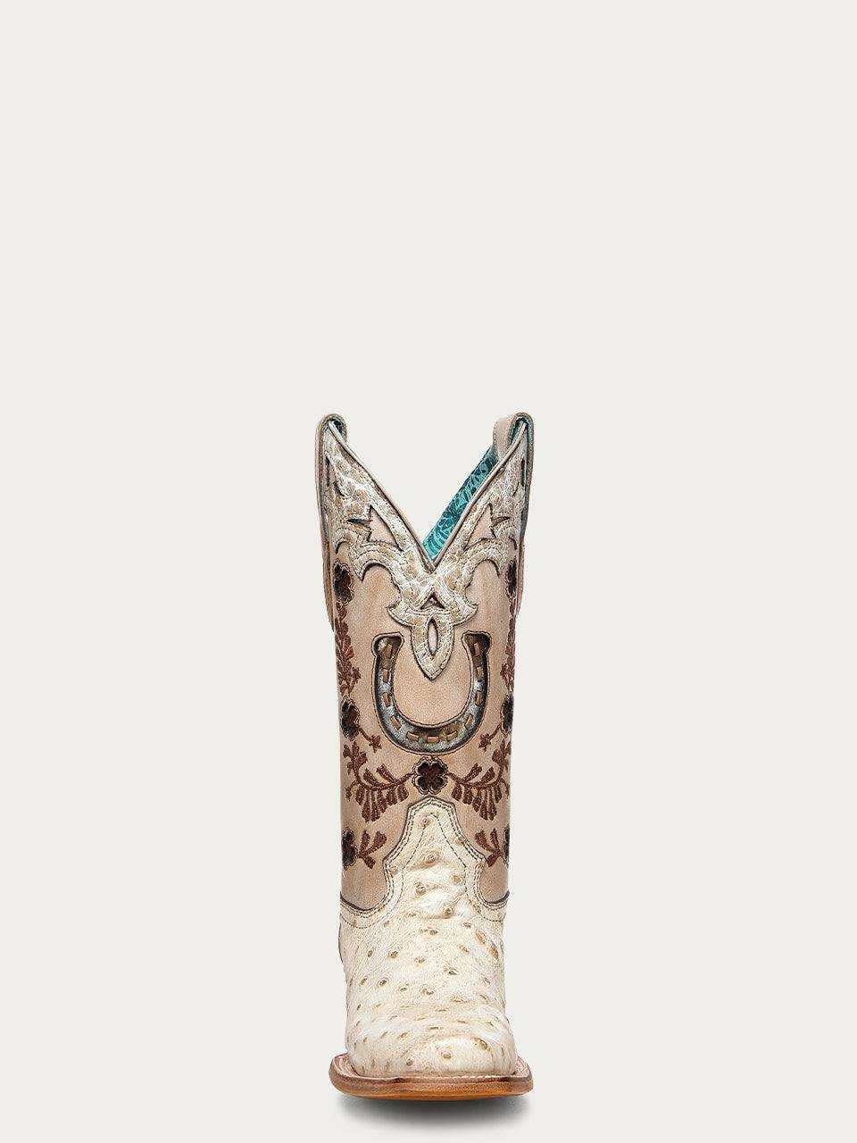Women's Corral Ivory Genuine Full Quill Ostrich Boots with cream quill-textured leather, brown floral embroidery and horseshoe shaft overlay