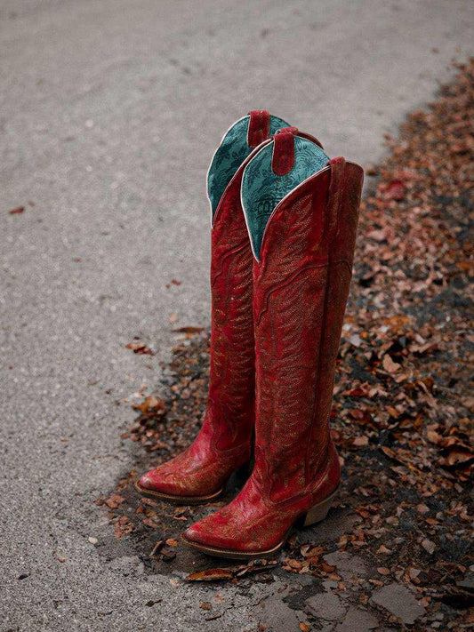 Women's Corral Red Genuine Leather Boots in distressed red leather with ornate tonal stitching and teal-lined tall shafts