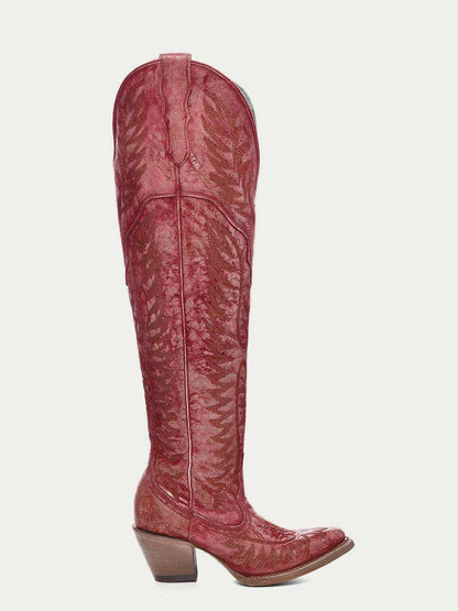 Women's Corral Red Genuine Leather Boots in distressed red leather with intricate tone-on-tone embroidery and a tall shaft