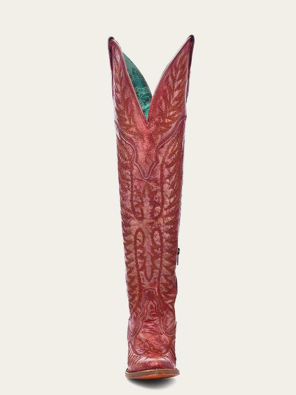 Women's Corral Red Genuine Leather Boots in distressed red leather with ornate stitched embroidery and a tall shaft.