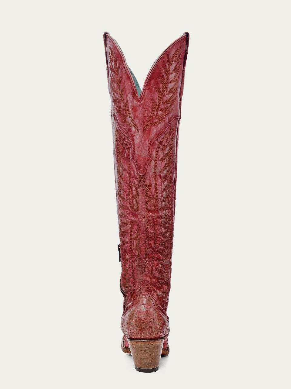 Women's Corral Red Genuine Leather Boots in distressed red leather with ornate tonal embroidery, tall shaft and stacked block heel.