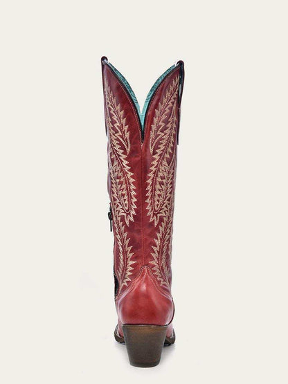 Women's Corral Red Genuine Leather Boots in faded red leather with cream embroidery, tall shaft and stacked heel, shown from the back