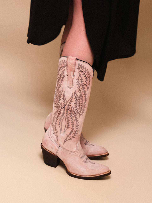 Women's Corral Rose Genuine Leather Boots with Embroidery Tall in pale rose leather, featuring dark floral stitching and stacked heels.