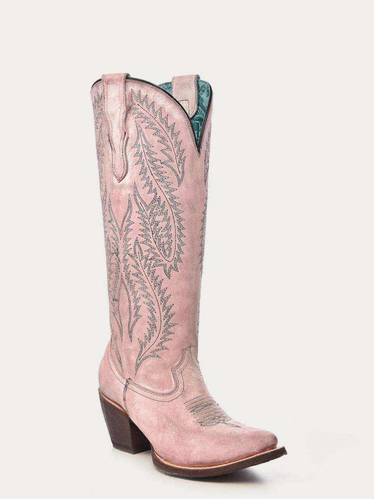 Women's Corral Rose Genuine Leather Boots with Embroidery Tall, rose leather cowboy boot with ornate dark stitching, snip toe and stacked heel