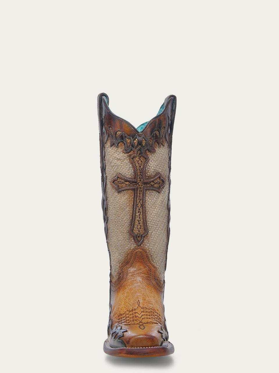 Women's Corral Sand Boots Cross Overlay western boot in sand leather and jute, with ornate stitched cross on the shaft.