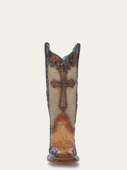 Women's Corral Sand Boots Cross Overlay western boot in sand leather and jute, with ornate stitched cross on the shaft.
