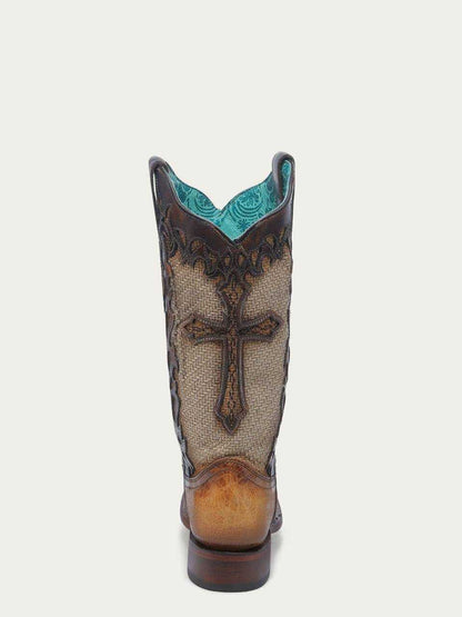 Women's Corral Sand Boots Cross Overlay, tan woven jute shaft with dark leather cross overlay and turquoise lining