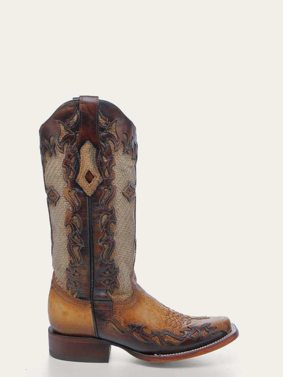 Women's Corral Sand Boots Cross Overlay, western leather boots with tan jute-textured shaft and ornate brown embroidery