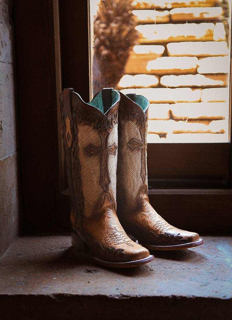 Women's Corral Sand Boots Cross Overlay in tan leather with ornate stitched shafts, pointed toes and pull tabs