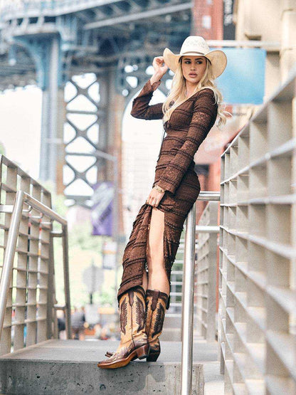 Women's Corral Sand Genuine Eagle Boots in sand leather, featuring dark eagle overlays, embroidered patterns and snip toes