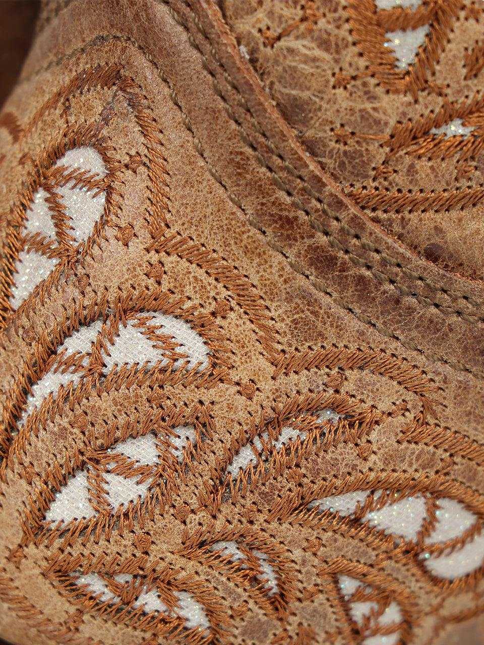 Women's Corral Sand Genuine Leather Boots detail in tan suede with ornate brown embroidery and silver glitter accents