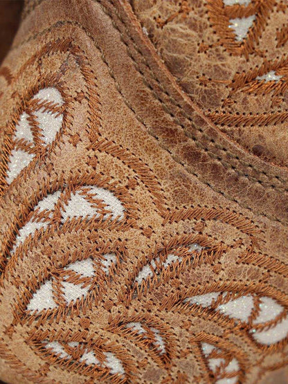 Women's Corral Sand Genuine Leather Boots detail in tan suede with ornate brown embroidery and silver glitter accents
