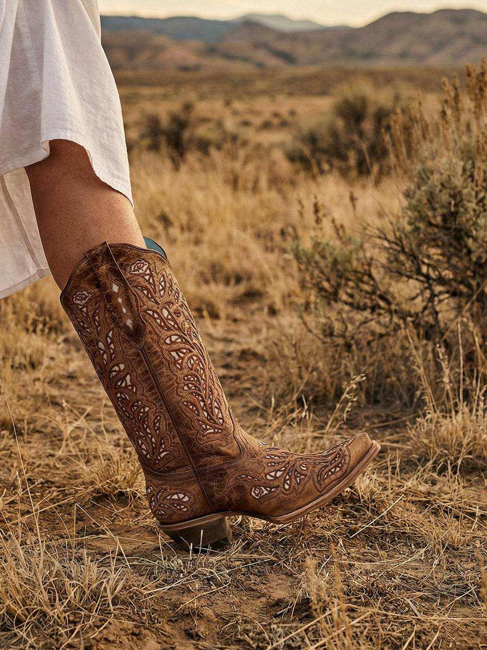 Women's Corral Sand Genuine Leather Boots in brown leather with intricate light-colored embroidery and decorative inlays