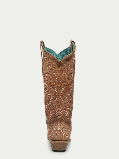 Women's Corral Sand Genuine Leather Boots in tan leather with intricate cutout floral patterns and turquoise accents