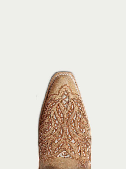 Women's Corral Sand Genuine Leather Boots with tan leather and ornate brown embroidery in a pointed toe design