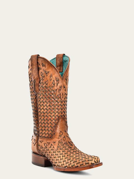 Women's Corral Sand Genuine Leather Boots with Glitter, tan leather western boots with woven geometric cutout overlay and square toes