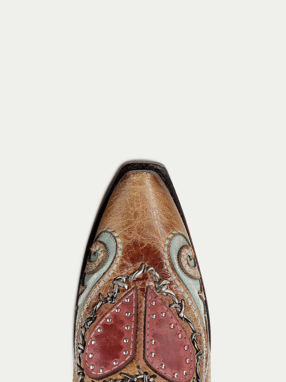 Women's Corral Sand Genuine Leather Boots with Heart Inlay & Embroidery, tan leather boot toe with pink heart panels, silver studs and stitched detailing
