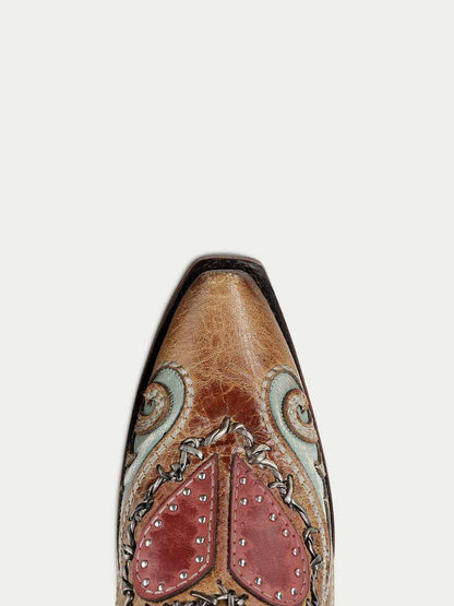 Women's Corral Sand Genuine Leather Boots with Heart Inlay & Embroidery, tan leather boot toe with pink heart panels, silver studs and stitched detailing