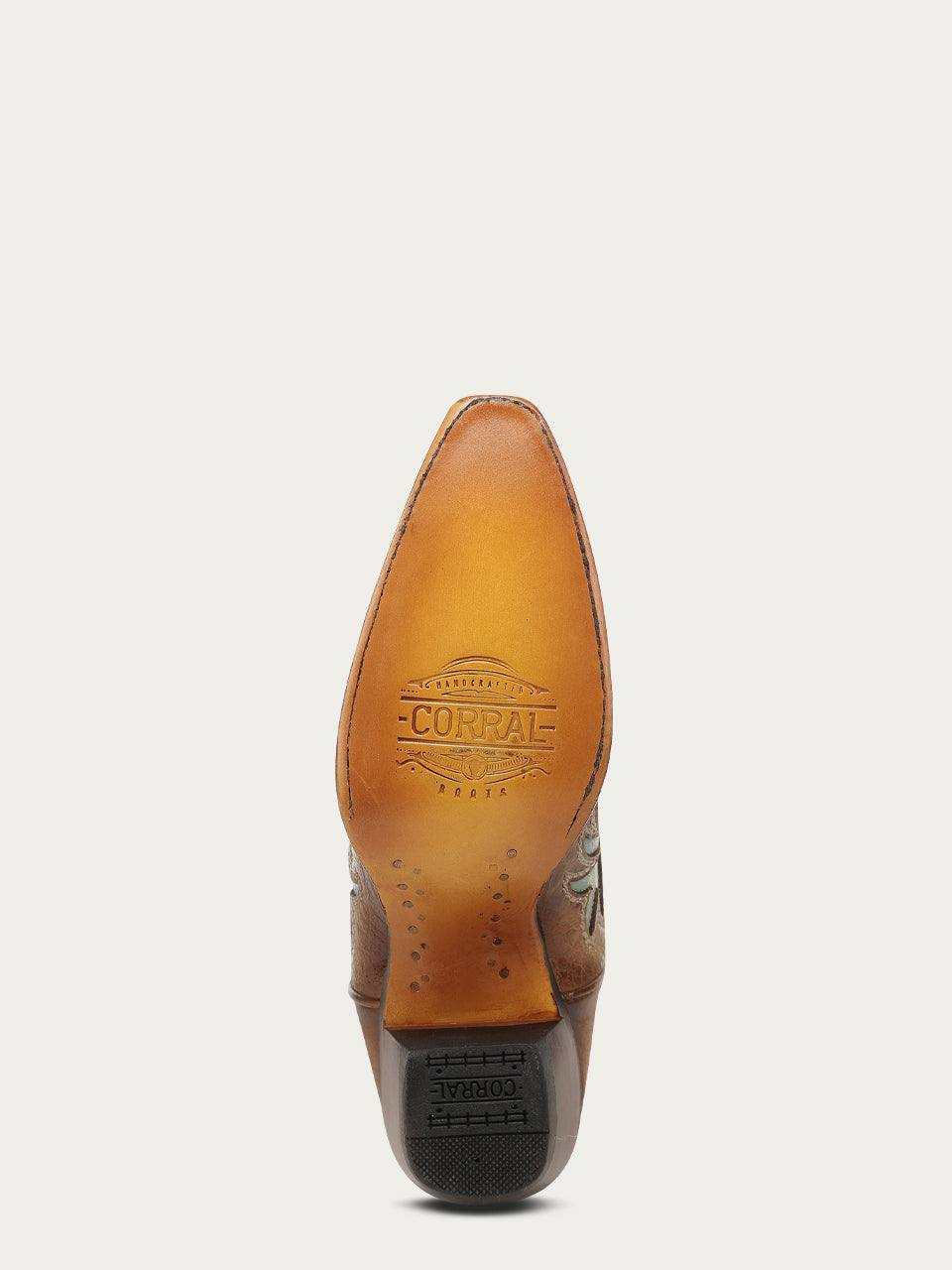 Women's Corral Sand Genuine Leather Boots with Heart Inlay & Embroidery, showing a tan leather sole with Corral branding and dark heel