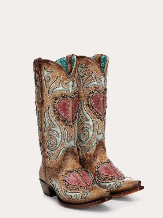 Women's Corral Sand Genuine Leather Boots with Heart Inlay & Embroidery, tan leather with turquoise stitching and pink heart appliqués.