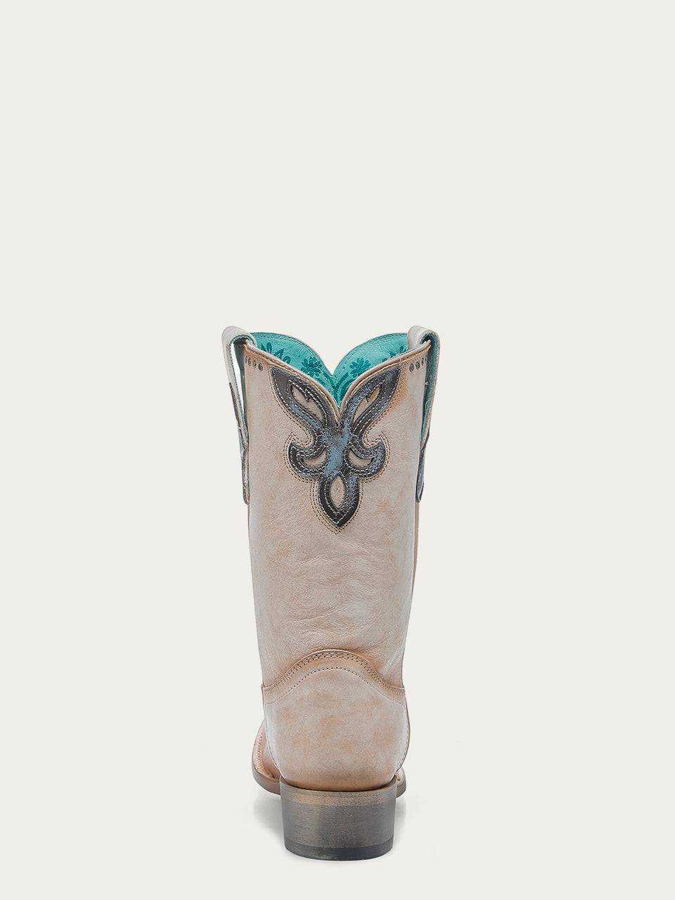 Women's Corral Sand Genuine Leather Boots with Studs in sand leather, featuring dark ornate embroidery and turquoise lining