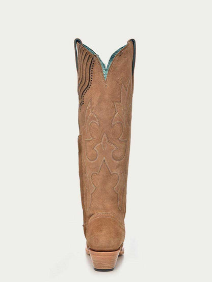 Women's Corral Sand Genuine Suede Western boot in tan suede with stitched floral shaft embroidery and a stacked heel