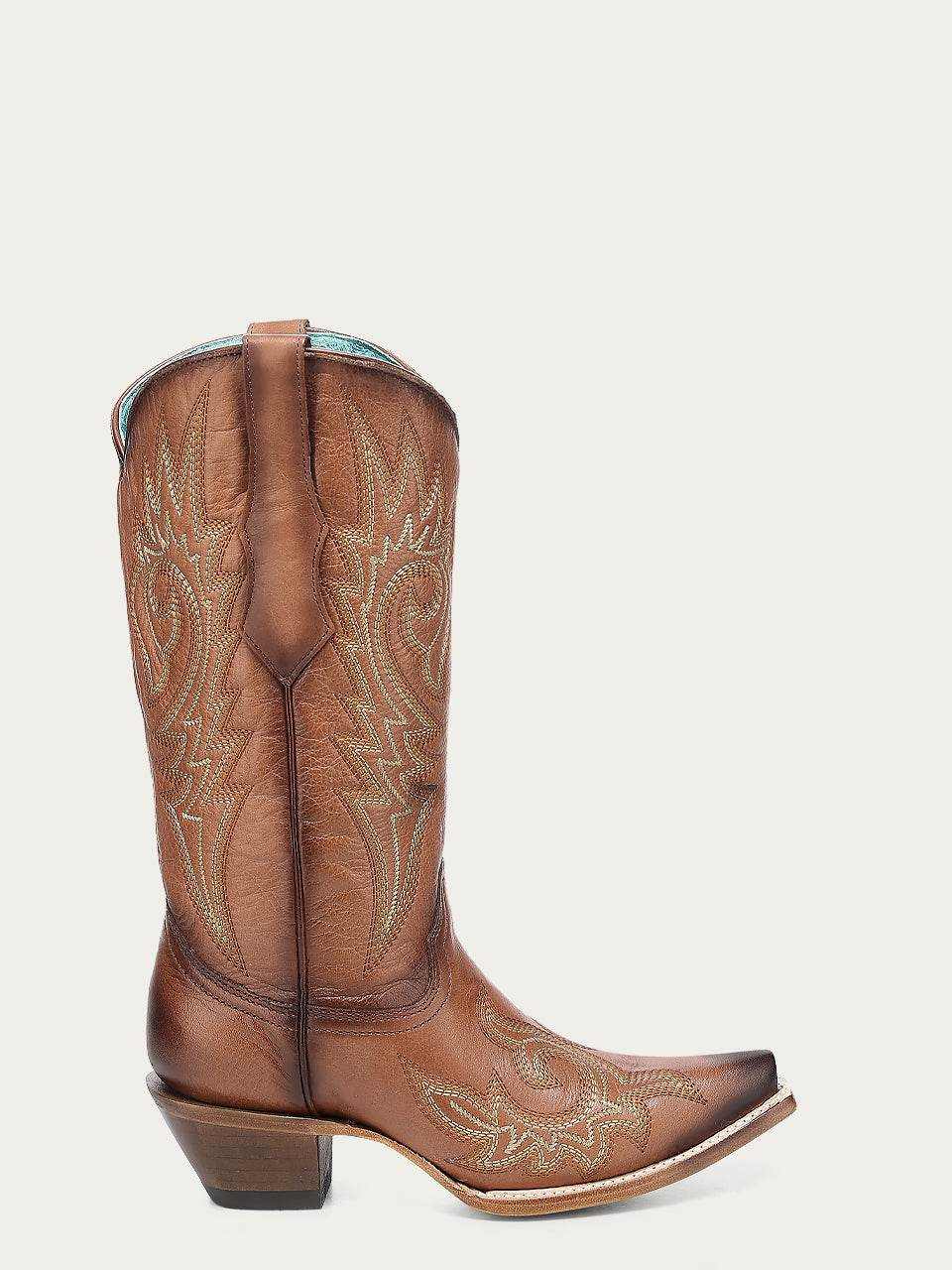 Women's Corral Shedron Leather Boots in brown leather with pale flame embroidery, tall shafts and pointed toes.