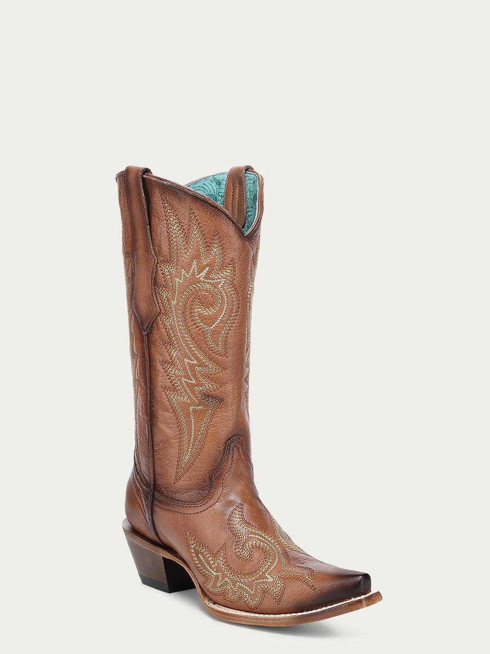 Women's Corral Shedron Leather Boots in brown leather feature ornate light-colored flame embroidery, turquoise lining and a pointed toe.