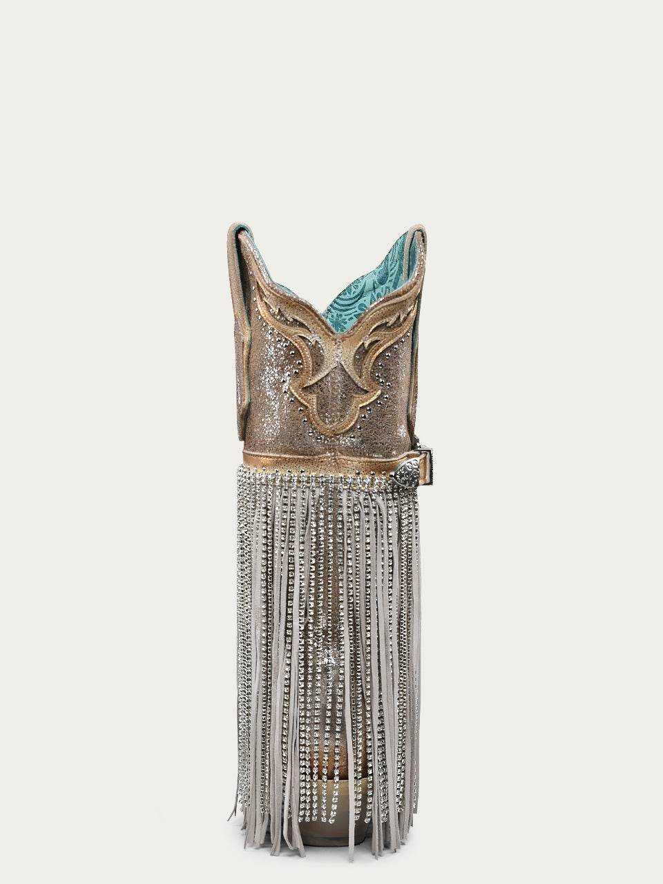 Women's Corral Silver Genuine Leather Boots with Harness & Studs & Fringes, silver leather cowboy boot with ornate overlay and long crystal fringe