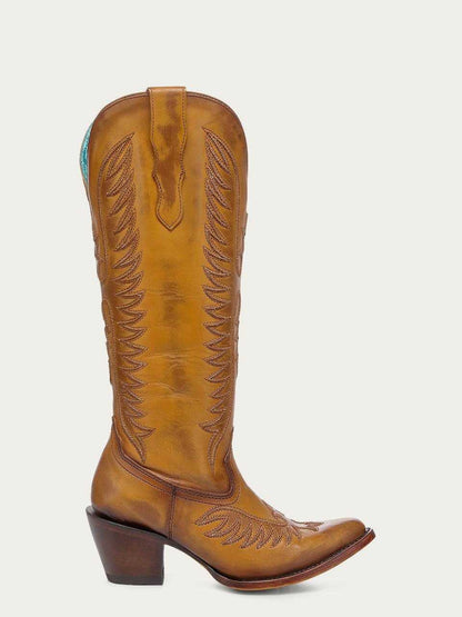 Women's Corral Tan Genuine Leather Boots with Embroidery, tall tan leather cowboy boot with stitched shaft and pointed toe