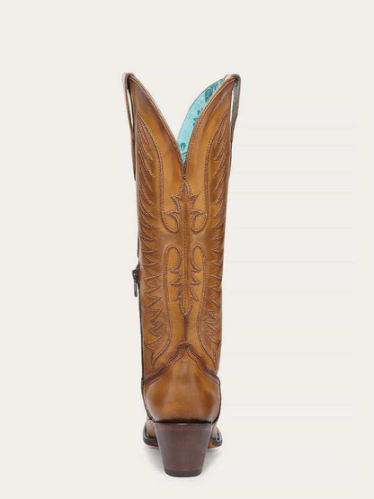 Women's Corral Tan Genuine Leather Boots with Embroidery, tall tan leather shaft with decorative stitched motifs and a stacked heel
