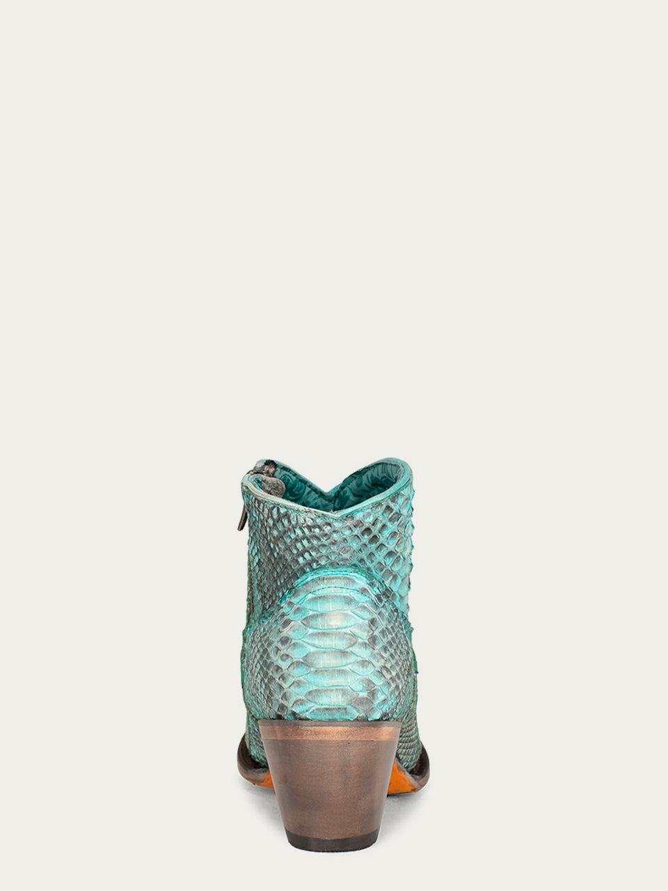 Women's Corral Turquoise Python Boots in turquoise genuine python leather, with textured scales and a stacked brown heel