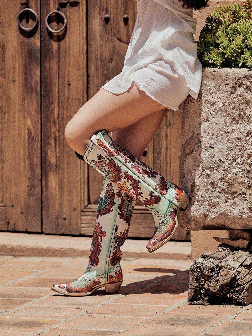 Women's Corral White Genuine Leather Boots Hand Tooled featuring ivory leather, colorful phoenix artwork, embroidery and pointed toes