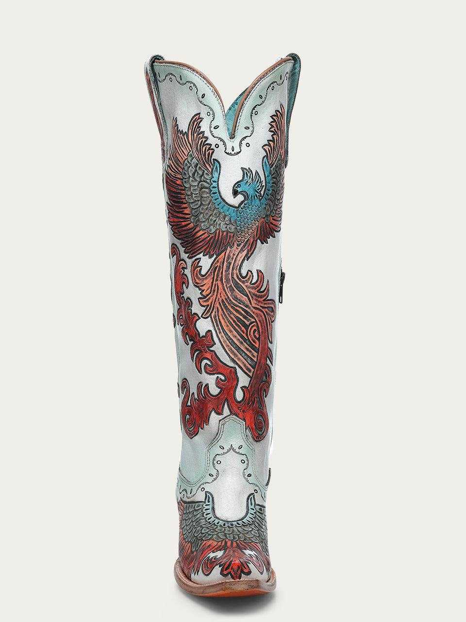 Women's Corral White Genuine Leather Boots Hand Tooled with pale white leather, red and dark phoenix artwork, and ornate stitching.