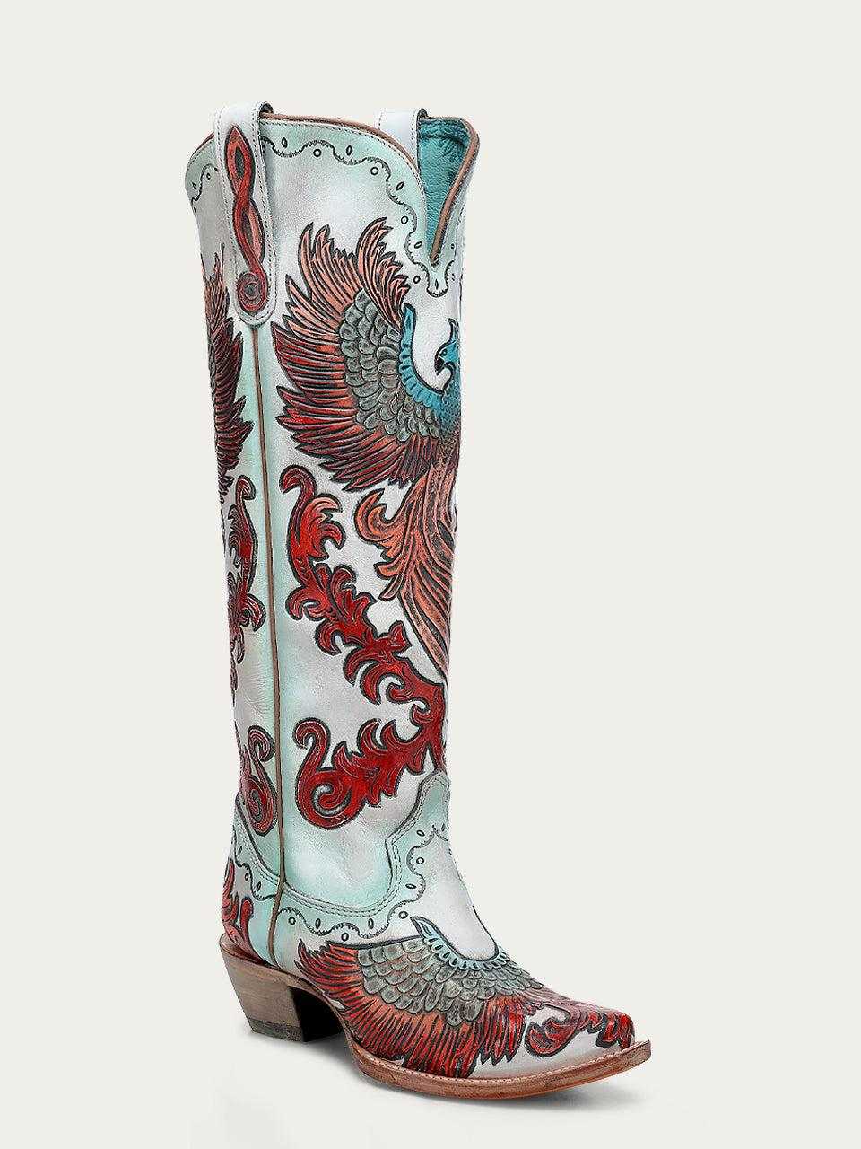 Women's Corral White Genuine Leather Boots Hand Tooled with pale leather, red phoenix artwork, turquoise accents and pointed toes
