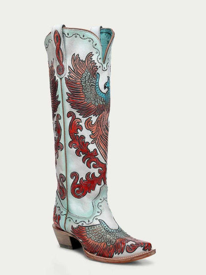 Women's Corral White Genuine Leather Boots Hand Tooled with pale leather, red phoenix artwork, turquoise accents and pointed toes