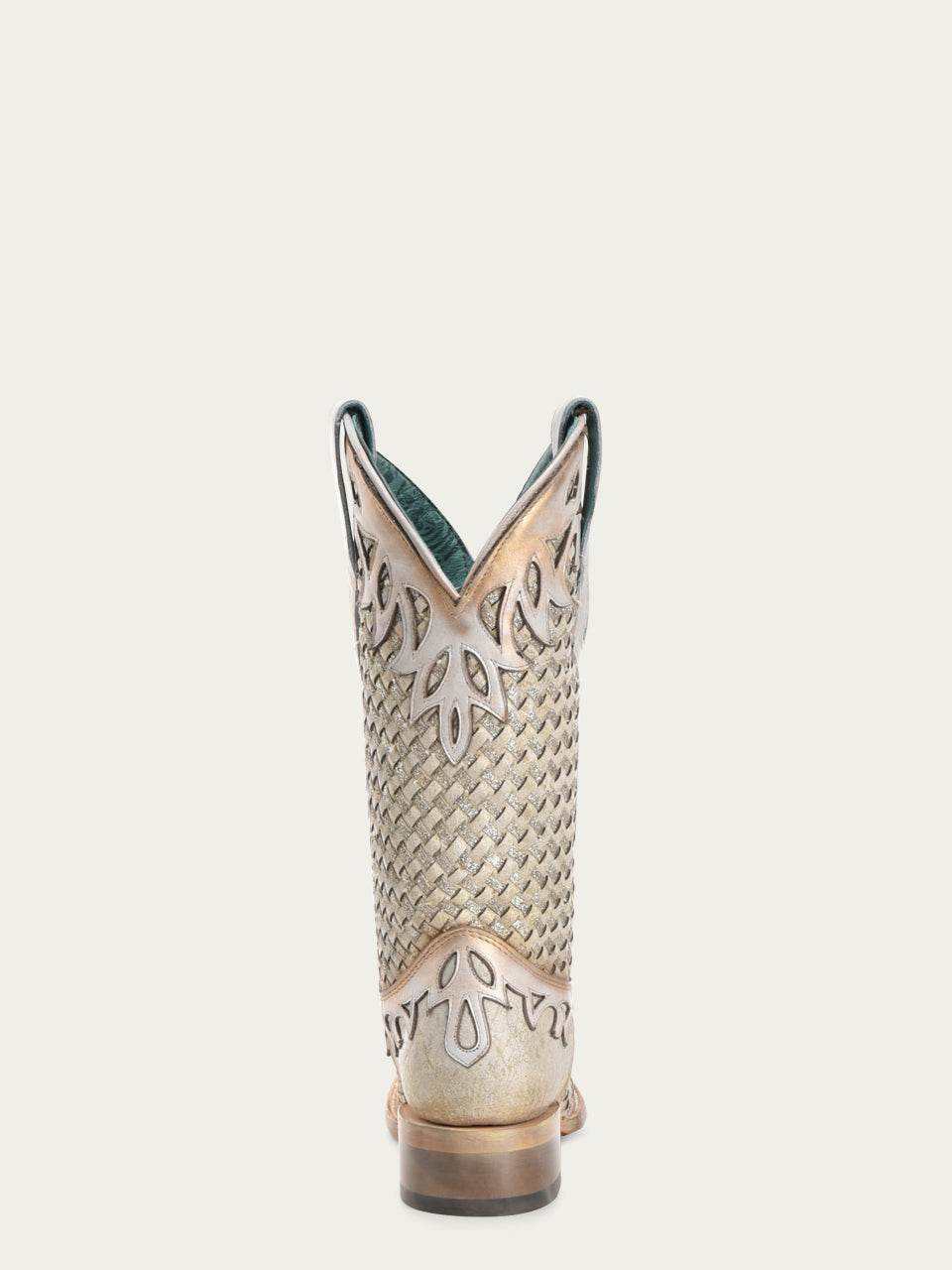 Women's Corral White Genuine Leather Boots with Glitter Woven, featuring embossed western shaft and stacked heel