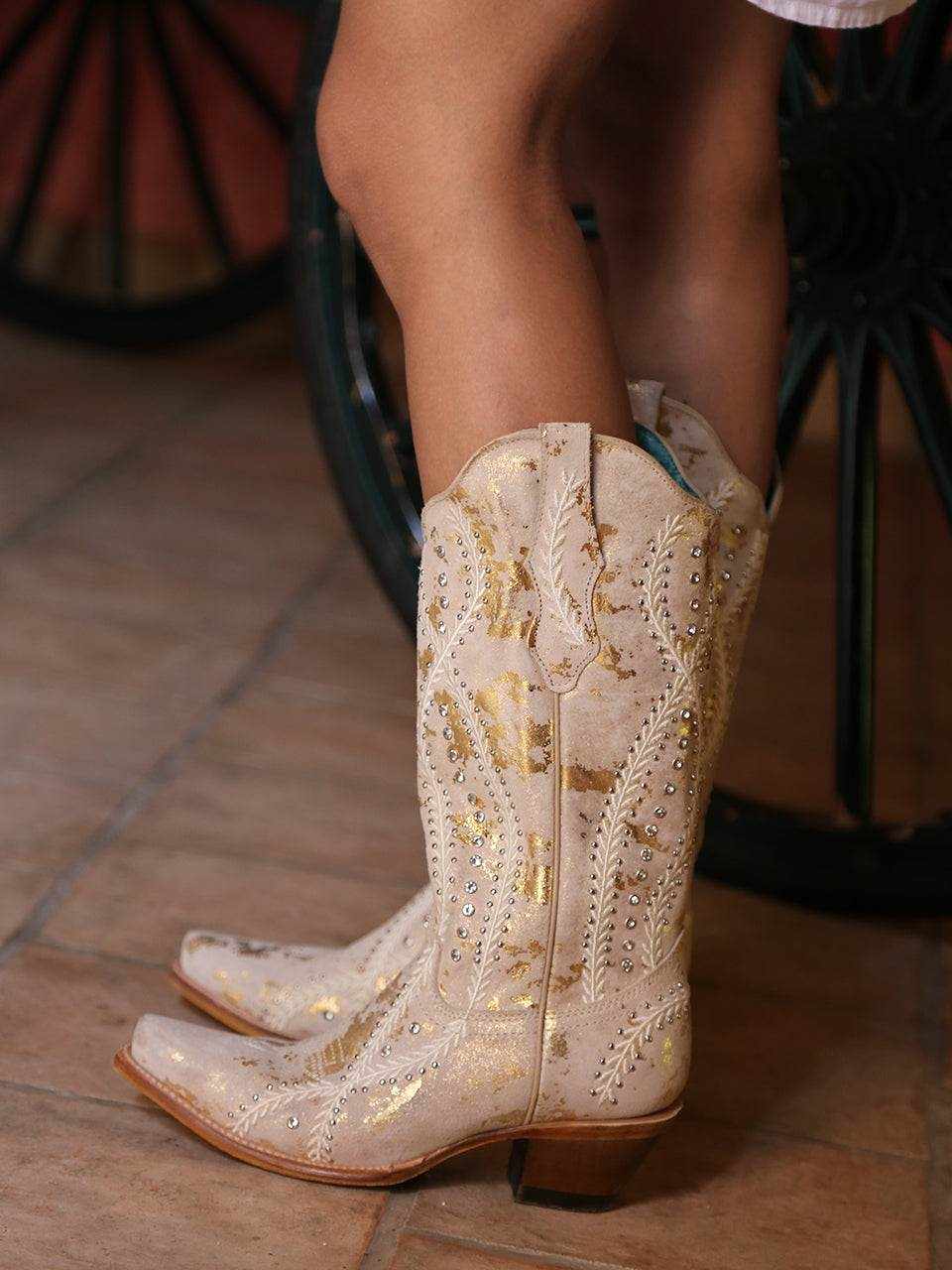 Women's Corral White Genuine Leather Boots with Golden embroidery, crystals and studs, featuring snip toes and tall shafts