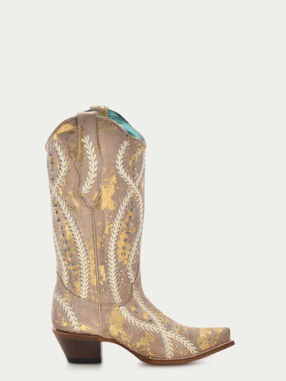 Women's Corral White Genuine Leather Boots with Golden embroidery, pale leather, decorative stitching and a snip toe