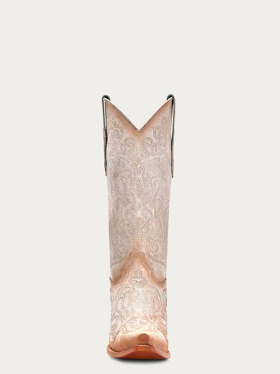 Women's Corral White-Pink Genuine Leather Boots featuring luminescent embroidery, 13-inch shaft, snip toe, and pull-on straps